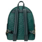 A dark green backpack featuring an embossed pattern of fruits shown from the back against a plain white background.