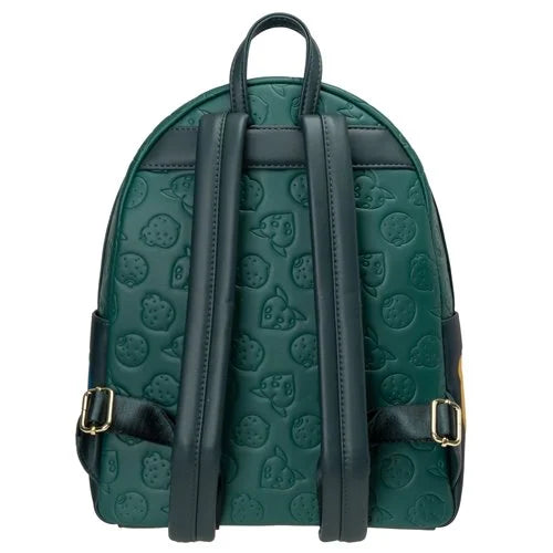A dark green backpack featuring an embossed pattern of fruits shown from the back against a plain white background.