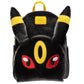 A black plush backpack designed like the Pokémon character Eevee, featuring yellow ear bands, a yellow eye, and red eyes, with a gold 'Lounge Life' brand patch on the front.