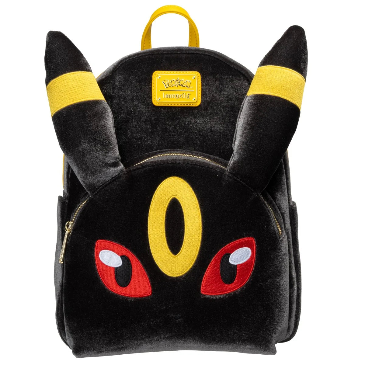 A black plush backpack designed like the Pokémon character Eevee, featuring yellow ear bands, a yellow eye, and red eyes, with a gold 'Lounge Life' brand patch on the front.