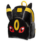 A plush toy backpack designed to look like a black Pokémon character with yellow ear bands, a yellow forehead emblem, and red eyes, shown on a plain white background.