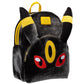 A plush black backpack designed like the Pokémon character Eevee, featuring yellow ear bands, a yellow forehead emblem, red eyes, and gold zipper pulls, shown on a plain white background.