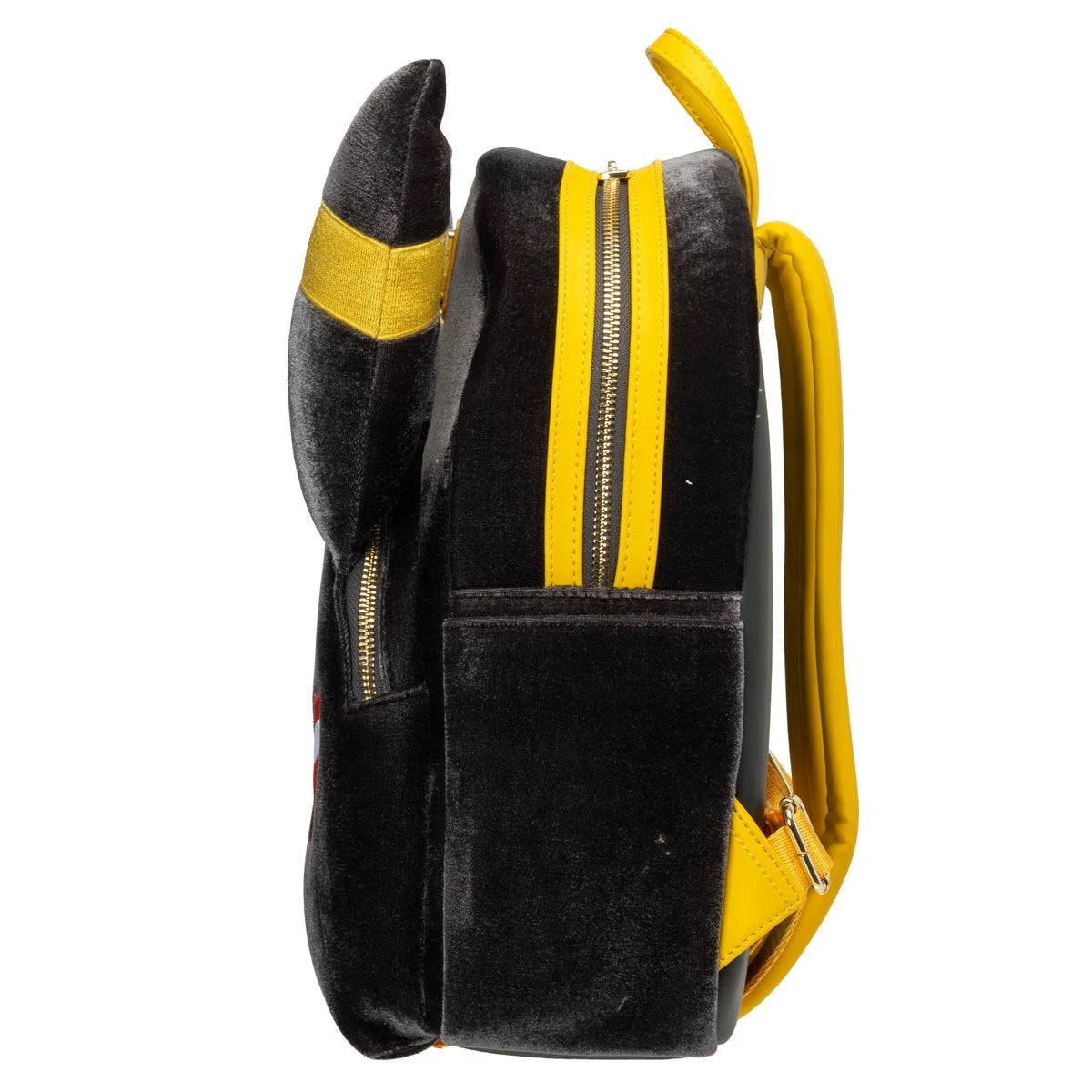 A black plush backpack with bright yellow accents, including the straps, zipper trim, and side details, shown from a side profile view on a white background.