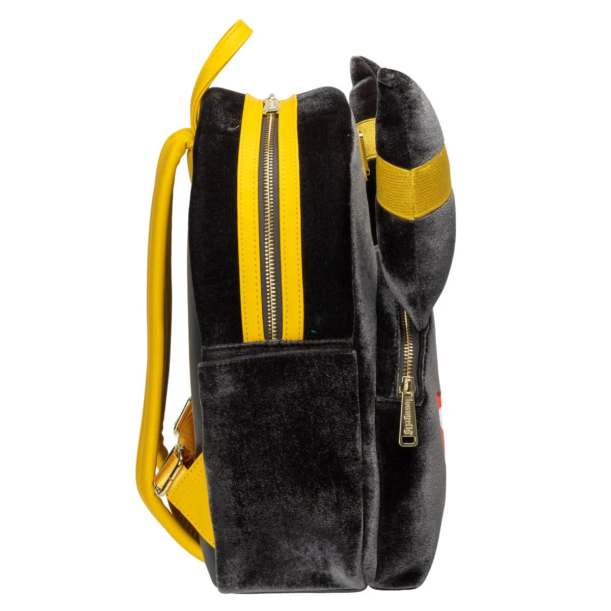 A black velvet backpack with bright yellow accents, including the shoulder strap, zipper trims, and side pocket detail, shown from a side profile view on a white background.