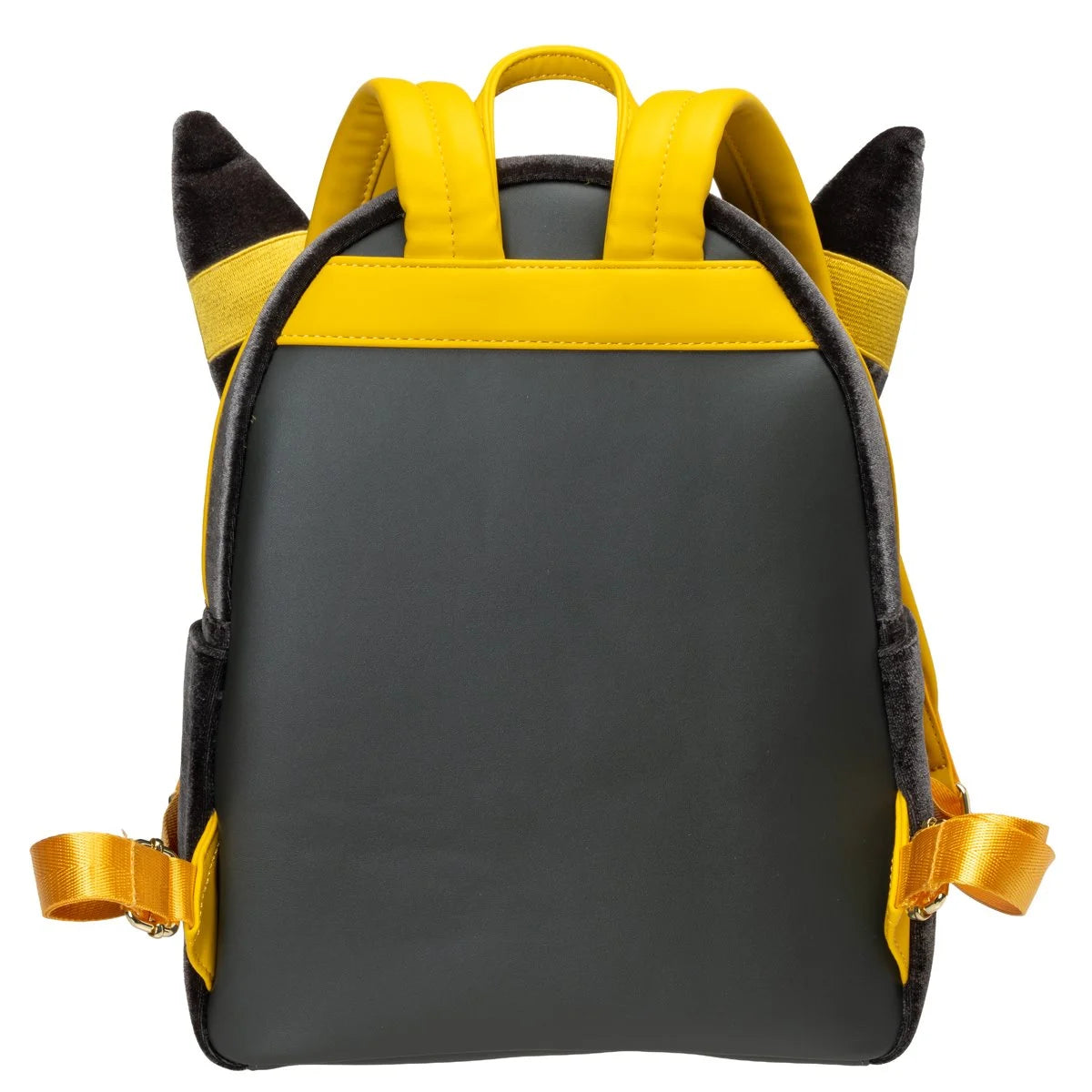 A black and yellow backpack designed to look like a cartoon character, featuring plush ears on top, yellow shoulder straps, and yellow side straps, shown against a plain white background.