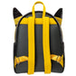 A black and yellow backpack designed to look like a cat head, shown from the back. It features plush black ears on the top, thick yellow shoulder straps, and matching yellow buckle details on the sides, set against a plain white background.