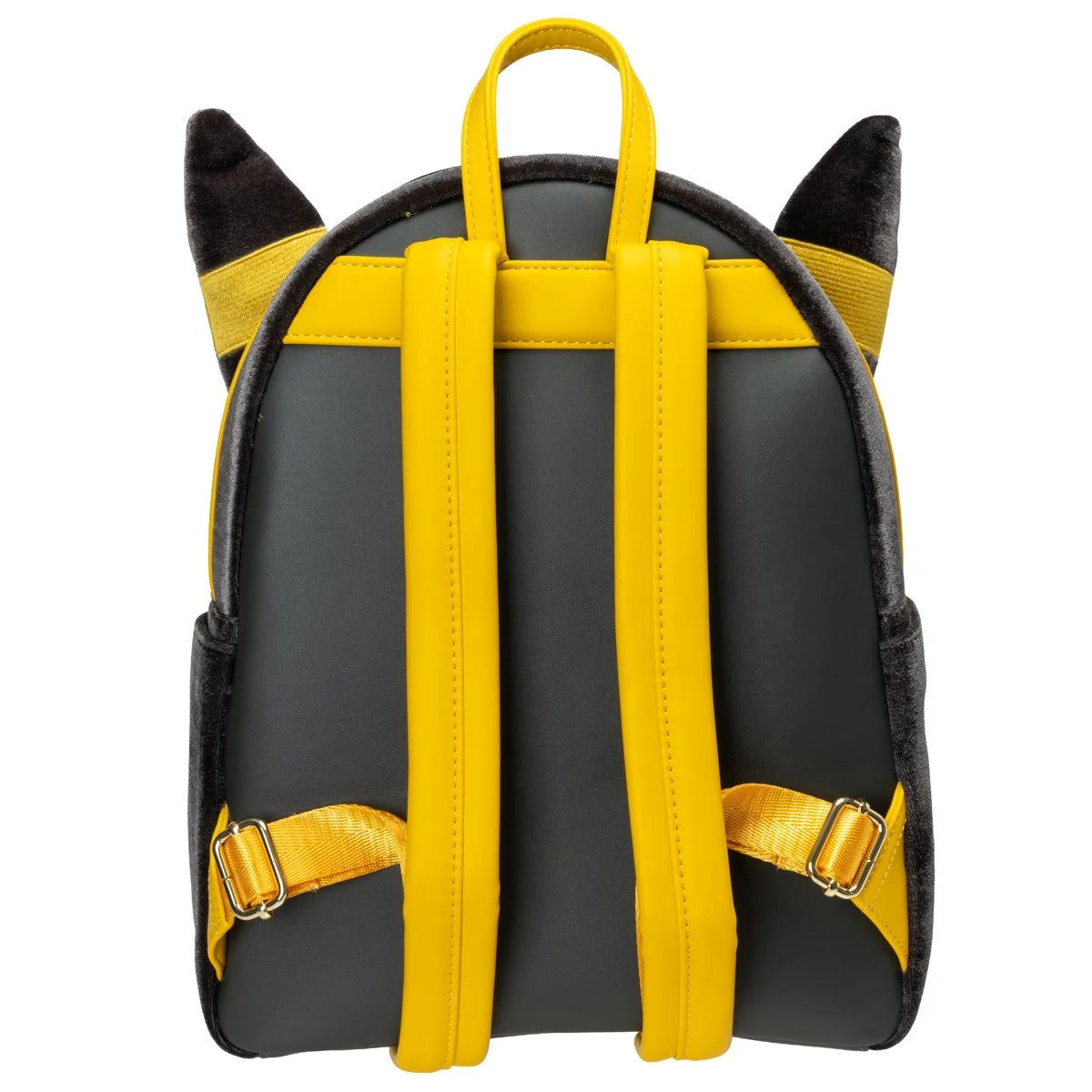 A black and yellow backpack designed to look like a cat head, shown from the back. It features plush black ears on the top, thick yellow shoulder straps, and matching yellow buckle details on the sides, set against a plain white background.