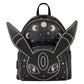 A black glittery backpack featuring a stylized Eevee face outline with white moon phases and stars printed on the back panel, shown against a plain white background.