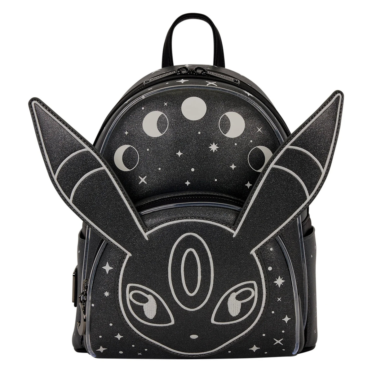 A black glittery backpack featuring a stylized Eevee face outline with white moon phases and stars printed on the back panel, shown against a plain white background.