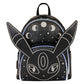 A black glittery backpack featuring a stylized Eevee face with white line art, moon phases, and stars on the front, with a black handle on top, shown against a plain white background.