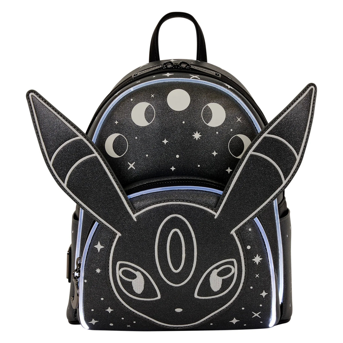 A black glittery backpack featuring a stylized Eevee face with white line art, moon phases, and stars on the front, with a black handle on top, shown against a plain white background.