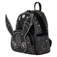 A black faux-leather backpack featuring a large 3D Eevee head on the front pocket, decorated with white line-art illustrations of stars, moons, and Eevee on a clean white background.