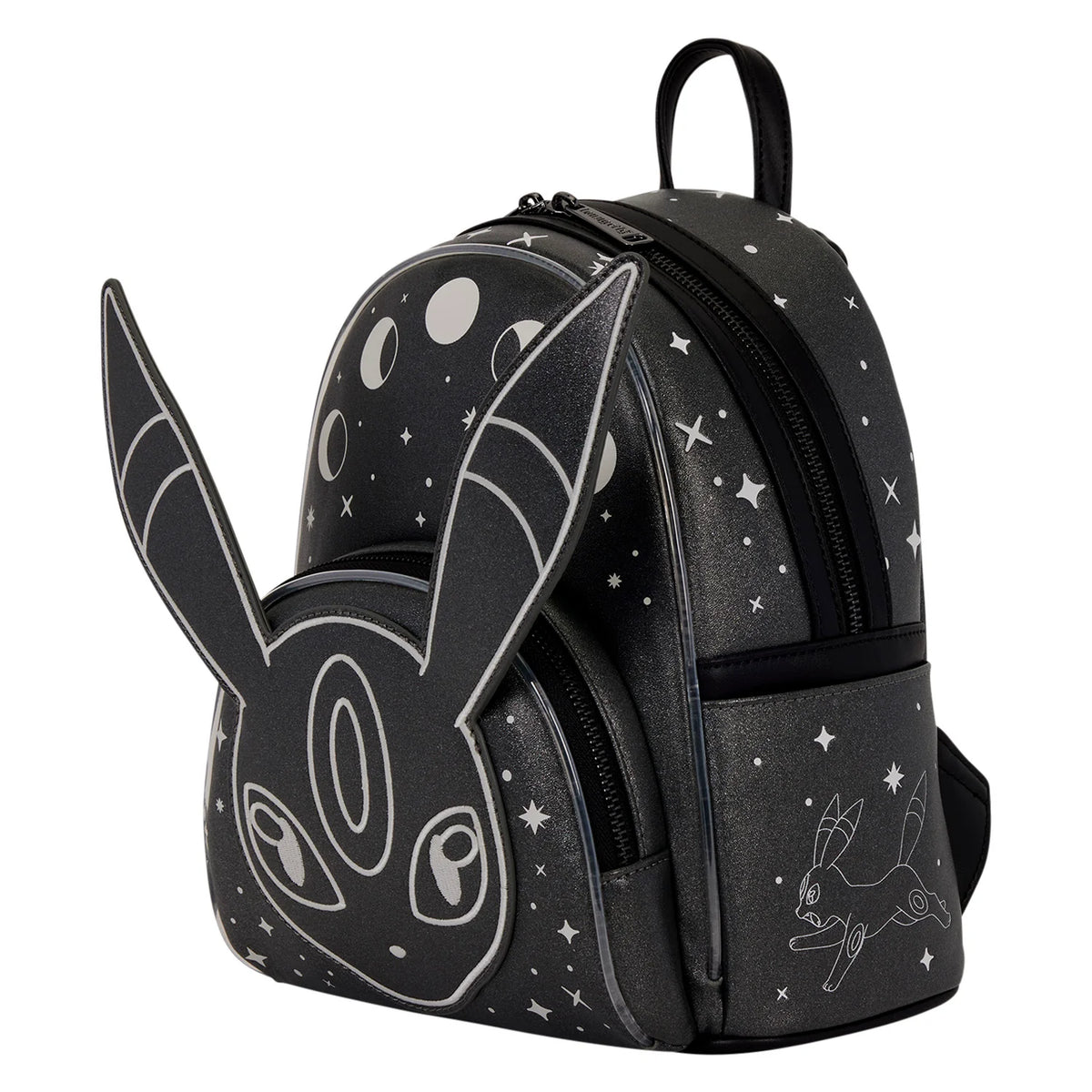 A black faux-leather backpack featuring a large 3D Eevee head on the front pocket, decorated with white line-art illustrations of stars, moons, and Eevee on a clean white background.