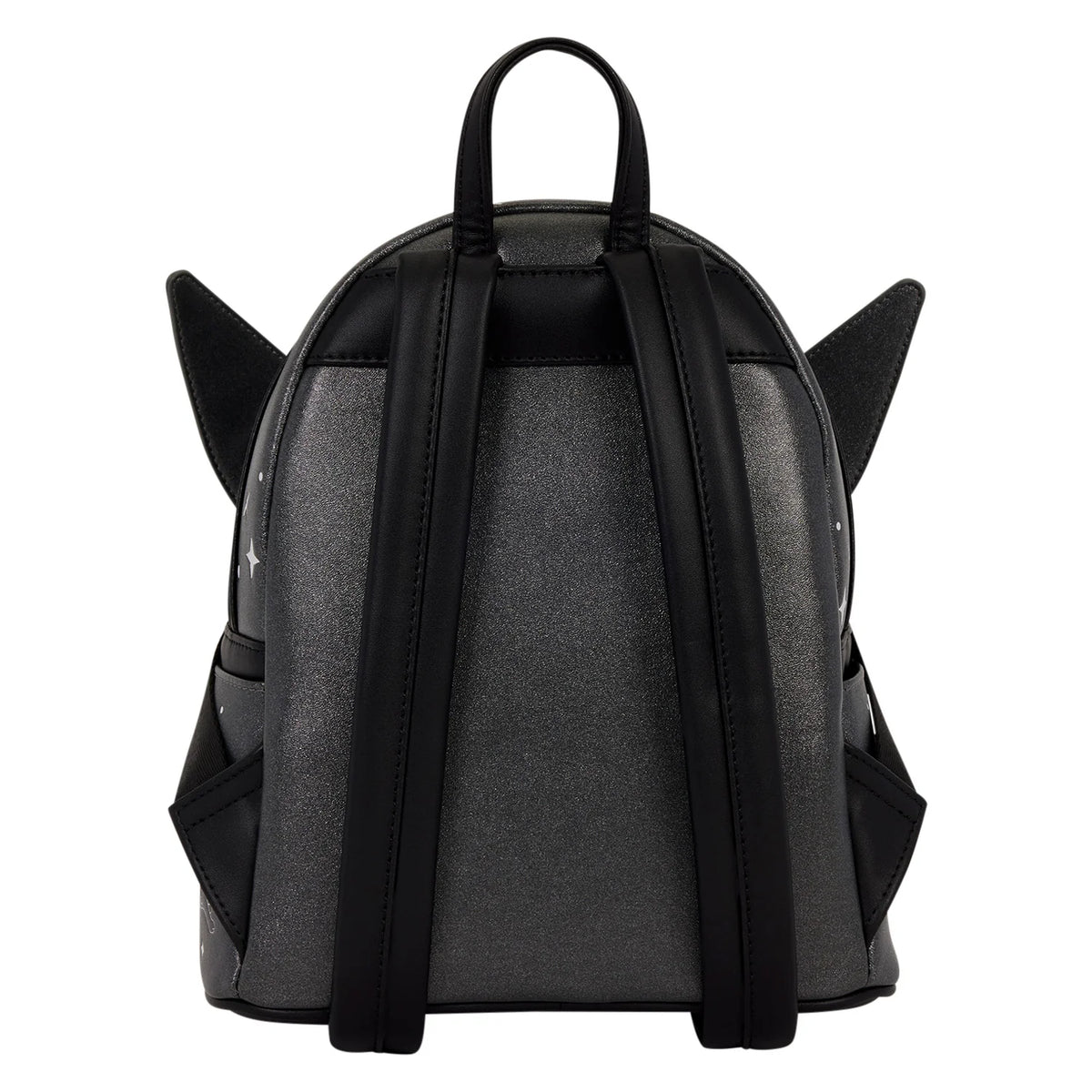 A black and dark gray backpack with pointed cat-ear details on the top and sides, shown from the back against a plain white background.