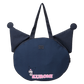 Navy blue round bag with crown design and 'Kuromi' character on a white background