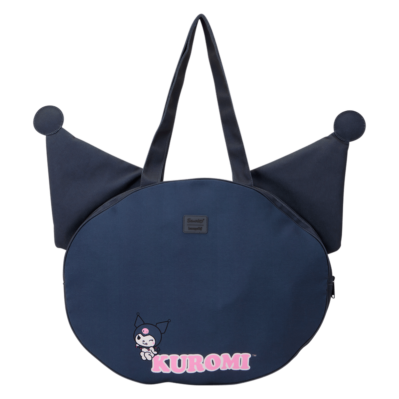 Navy blue round bag with crown design and 'Kuromi' character on a white background