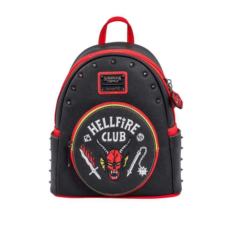 Black backpack with 'Hellfire Club' design and red accents on a white background