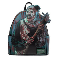 Backpack with horror-themed design of a character holding an axe 