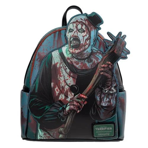 Backpack with horror-themed design of a character holding an axe 