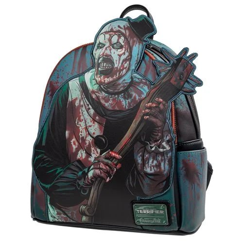Backpack with a horror-themed design featuring a character with a knife 