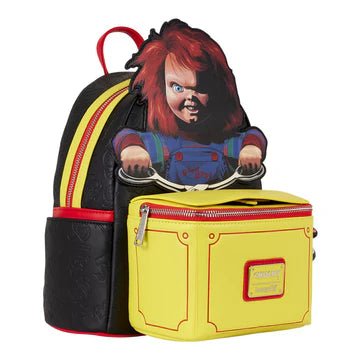 Backpack with Chucky character design on a white background