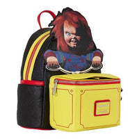 Backpack with Chucky character design on a white background