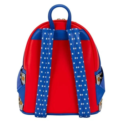 Red and blue backpack with star pattern on straps