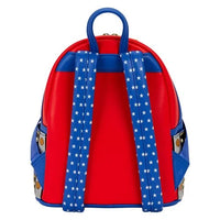 Red and blue backpack with star pattern on straps