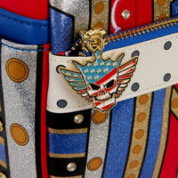 Colorful bag with a decorative skull emblem featuring an American flag design.