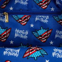 Blue bag with 'American Nightmare' skull design and stars on a blue background