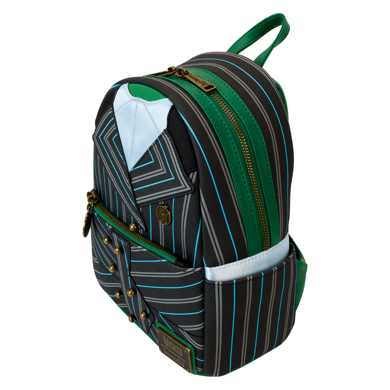 Loungefly mini backpack featuring Elphaba's Shiz University uniform design, including embroidered details, a green and black color scheme, and a compact, stylish silhouette.