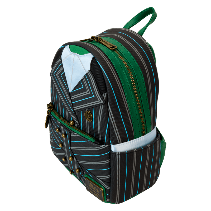 Loungefly mini backpack featuring Elphaba's Shiz University uniform design, including embroidered details, a green and black color scheme, and a compact, stylish silhouette.