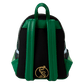 Wicked-inspired Loungefly mini backpack designed after Elphaba's Shiz University outfit, with a mix of green, black, and silver accents, ideal for fans of the musical.