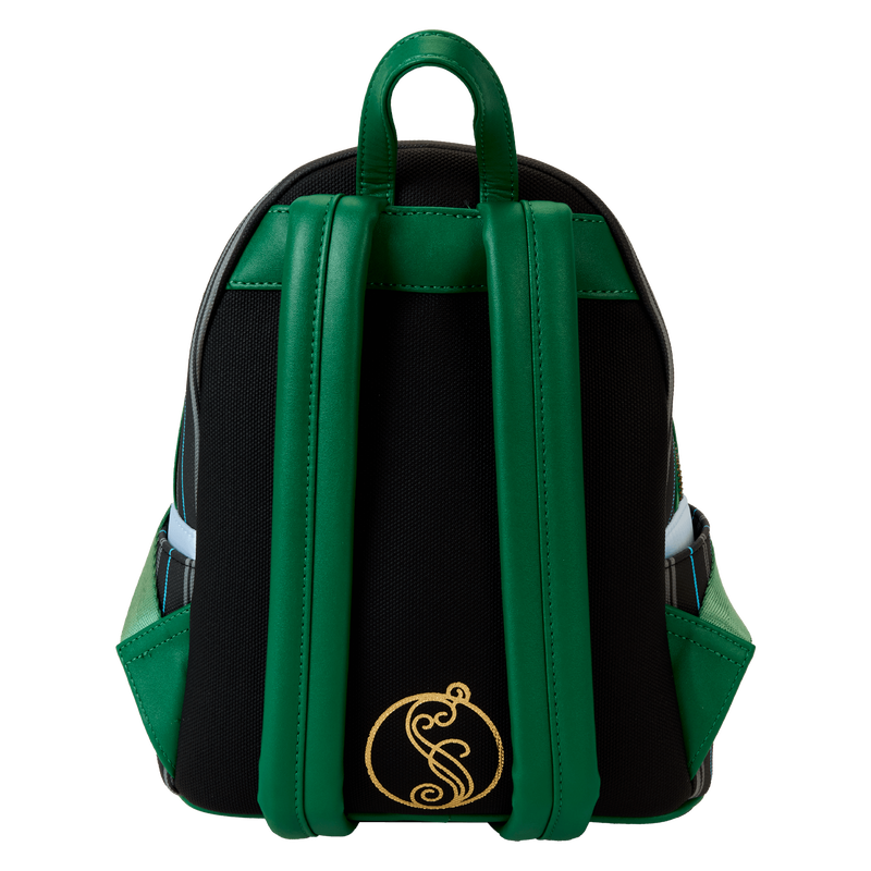 Wicked-inspired Loungefly mini backpack designed after Elphaba's Shiz University outfit, with a mix of green, black, and silver accents, ideal for fans of the musical.