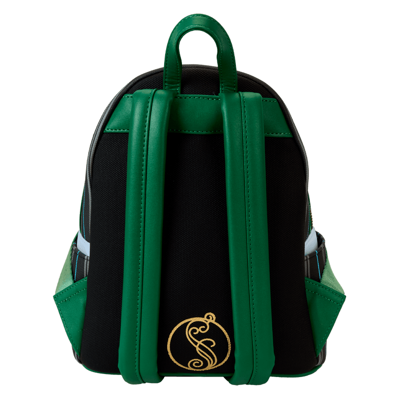 Wicked-inspired Loungefly mini backpack designed after Elphaba's Shiz University outfit, with a mix of green, black, and silver accents, ideal for fans of the musical.