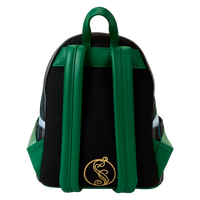 Wicked-inspired Loungefly mini backpack designed after Elphaba's Shiz University outfit, with a mix of green, black, and silver accents, ideal for fans of the musical.