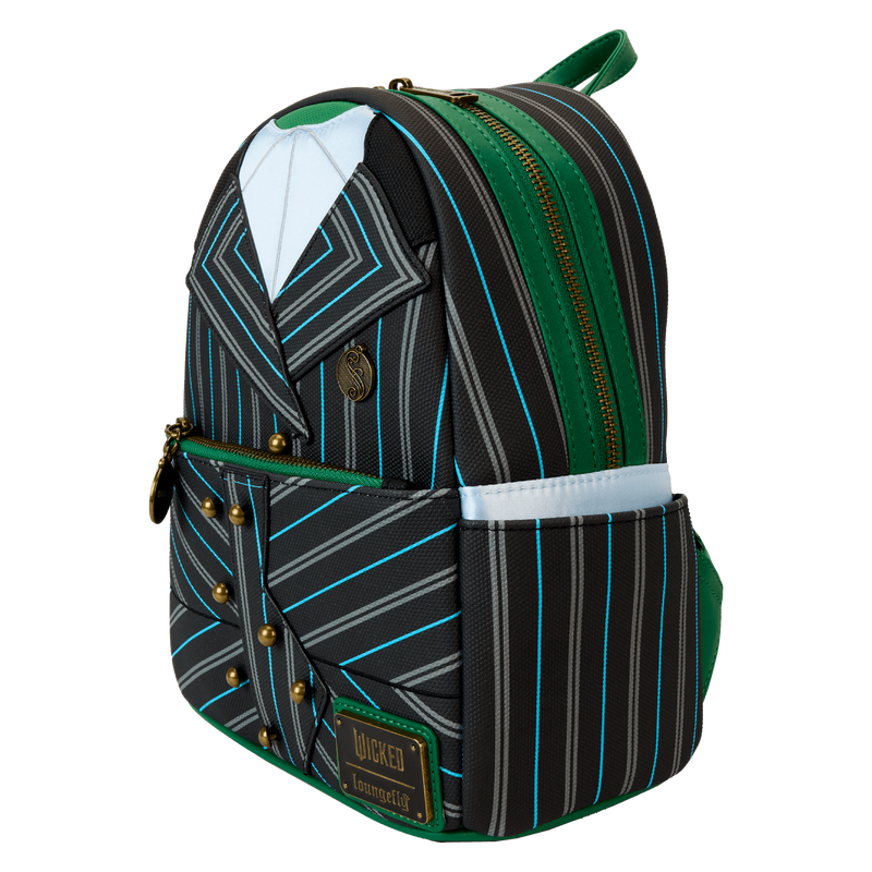 Mini backpack inspired by Elphaba's Shiz University uniform from Wicked, with a sleek green color palette and subtle metallic finishes, perfect for cosplay fans.