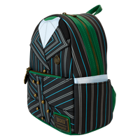 Mini backpack inspired by Elphaba's Shiz University uniform from Wicked, with a sleek green color palette and subtle metallic finishes, perfect for cosplay fans.