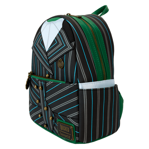 Mini backpack inspired by Elphaba's Shiz University uniform from Wicked, with a sleek green color palette and subtle metallic finishes, perfect for cosplay fans.