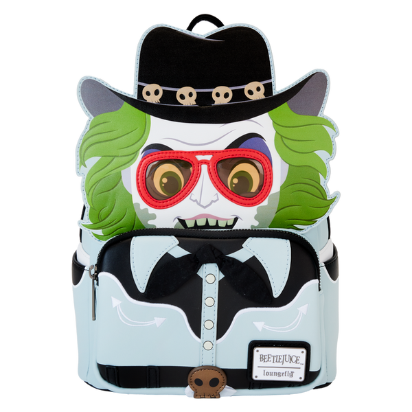 Front view of Loungefly Beetlejuice Exclusive Western Cosplay Mini Backpack with striped vest design