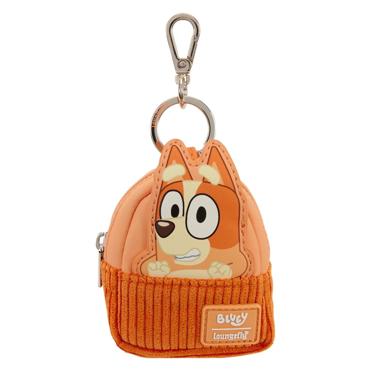 A Loungefly Bluey character keychain pouch featuring a stylized orange and cream dog character peeking out from an orange corduroy beanie, with a silver metal clasp at the top.