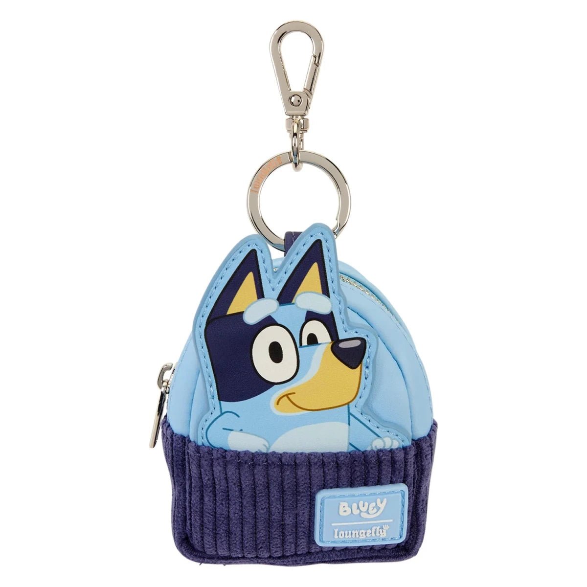 A Bluey-themed mini coin purse keychain featuring a light blue dog character peeking out of a dark purple corduroy hat, with a silver metal clasp on a white background.