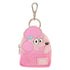 A pink poodle-shaped keychain bag with a ribbed knit lower half, a silver clasp, and a front patch reading &