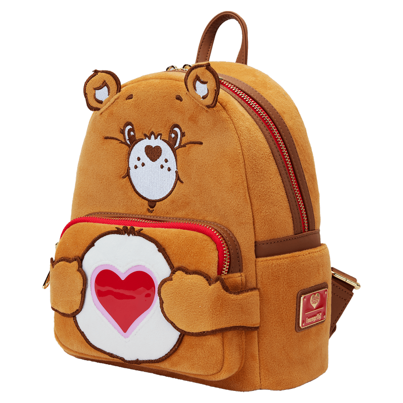 Front view of Loungefly Care Bears Tenderheart Bear Plush Cosplay Light-Up Glow Mini Backpack