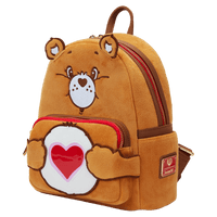 Front view of Loungefly Care Bears Tenderheart Bear Plush Cosplay Light-Up Glow Mini Backpack