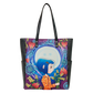 Tote bag with a colorful design of a person with blue hair and flowers on a purple background.