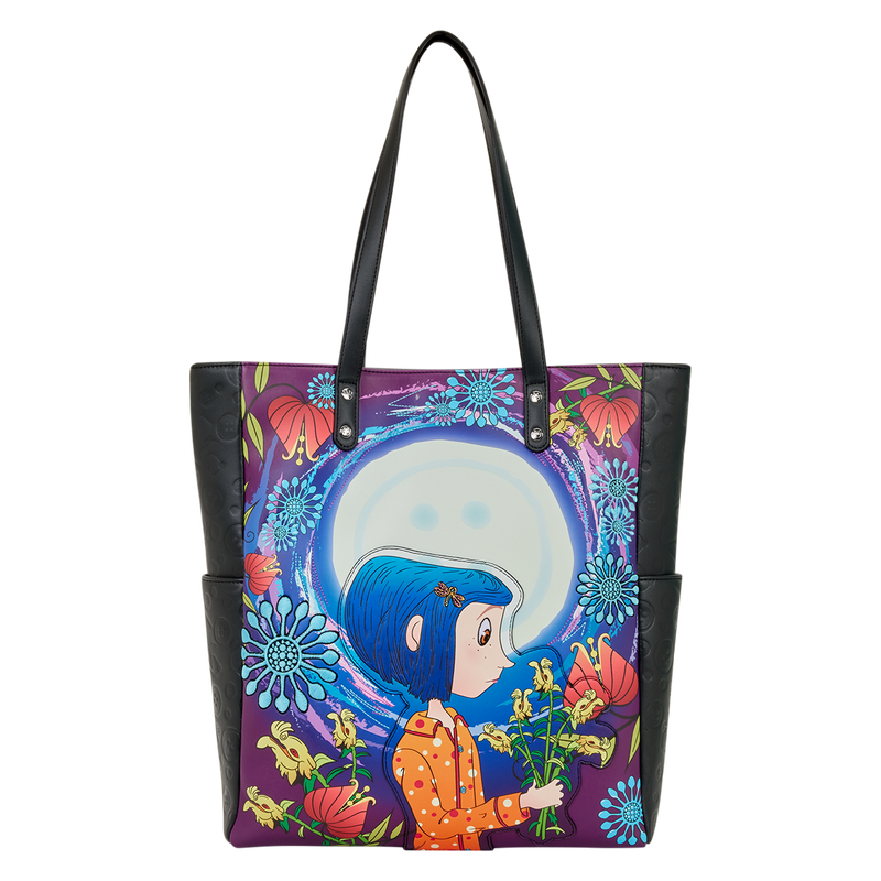 Tote bag with a colorful design of a person with blue hair and flowers on a purple background.