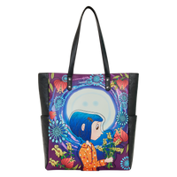 Tote bag with a colorful design of a person with blue hair and flowers on a purple background.