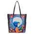 Tote bag with a colorful design of a person with blue hair and flowers on a purple background.