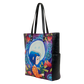 Tote bag with colorful design featuring a character and flowers 